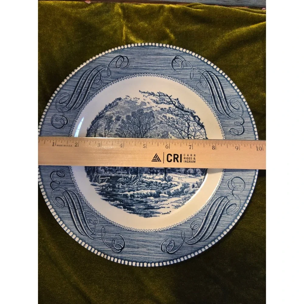 😎Royal China Currier‎ & Ives Blue White Ironstone Dinner Plate Bread Plate Set